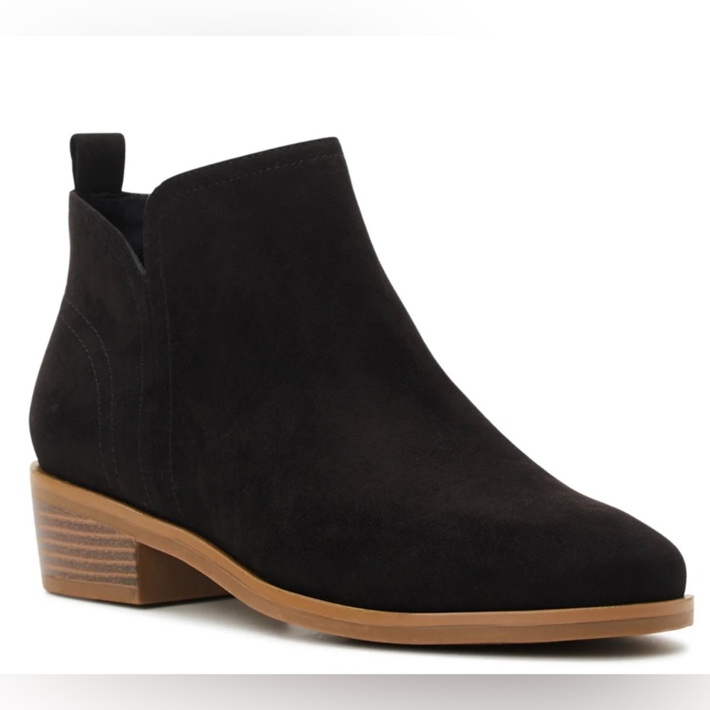 Time and Tru Women’s Faux Suede Black Ankle Booties with Tan Sole